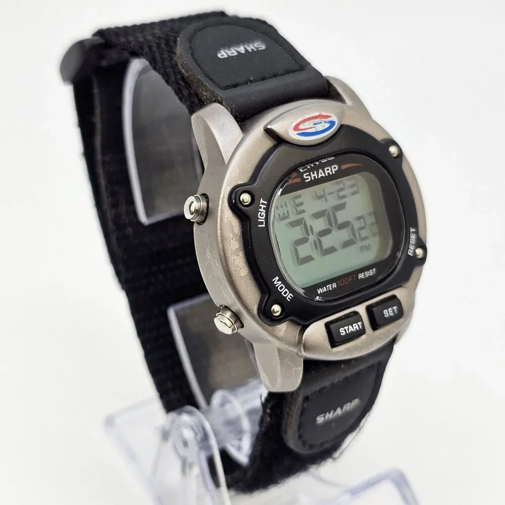 VTG Sharp Men's Digital Watch 40MM Large Gray Case Black Canvas Band New Battery